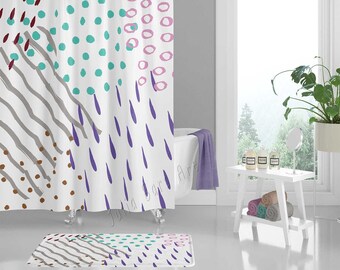 Modern Art Shower Curtain, Polka Dot, Stripes, Rain Drop Bath Curtain and mat