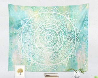 Aqua Blue Mandala Tapestry, Bohemian Wall Decor