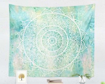 Aqua Blue Tapestry, Blue Green Mandala Tapestry, Bohemian Wall Tapestry, Boho Décor,  Living Room, Artsy Bedroom, Dorm Room Wall Décor, Gift