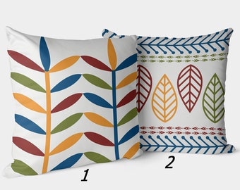 Scandinavian Pillow Cover, Blue Red Orange Nordic Geometric Folk Art Throw Pillow Case, Floral Swedish Cushion Covers, Toss Pillow Sham