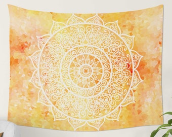 Yellow Orange Mandala Tapestry, Artistic Boho Wall Hanging