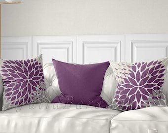 Purple Gray Floral Throw Pillow Covers, Dusty Purple, Beige Dahlia Pillow, Flower Burst Pillow, Artistic Cushion Cover for Couch, Sofa