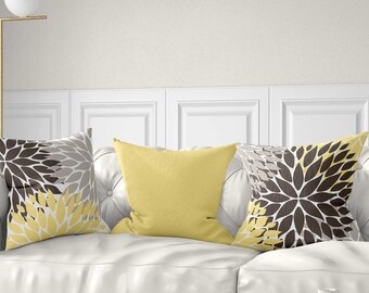 Yellow Brown Pillow Covers, Floral Pillow Case, Gray Chrysanthemum Flower, Dahlia Cushion Cover, Unique Pillow Cover for Sofa or Couch