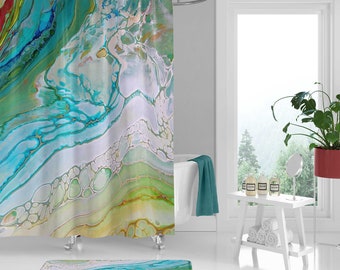 Abstract Coastal Shower Curtain, Marble Art, Ocean Wave Art, Blue Green Artistic Bath Curtain, Beach Home, Nautical Bathroom Decor