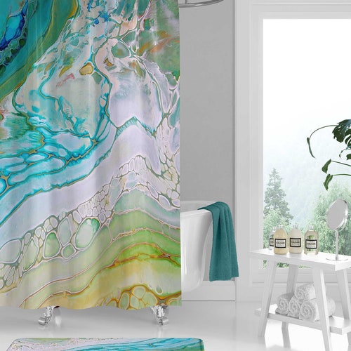 Abstract Coastal Art Shower Curtain Green Blue Beige Artistic Etsy