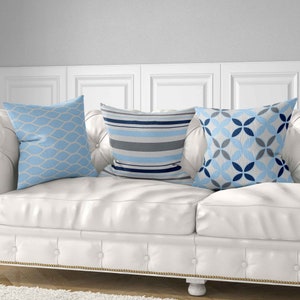 Blue and Gray Pillow Covers, Striped Geometric Trellis Cushion Cover, Modern Throw Pillow, Mix and Match Toss Pillows, Unique Living Room