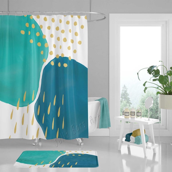 Abstract Boho Shower Curtain, Teal, Gold, Watercolor Polka Dots, Rain Drops, Modern Bath Curtain, Bath Mat, Minimalist Bathroom Décor