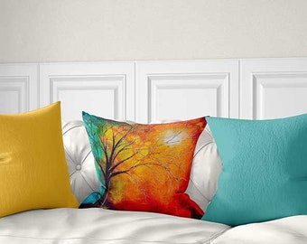 Abstract Art Pillow Cover, Red, Yellow, Teal Orange Cushion Cover, Tree Pillow Case, Unique, Bright, Painting Pillow, Lumbar Pillow Cover