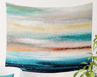 Abstract Coastal Tapestry, Teal, Gray, Orange, Blue Ocean Wall Hanging