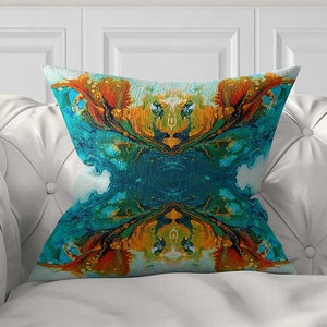 Abstract Pillow Cover, Teal, Blue, Orange Bohemian Throw Pillow, Unique Pillow, Art Pillow Case, Lumbar Cushion Cover Couch 14x20 to 20x20