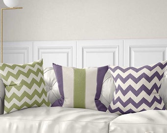 Green Purple Throw Pillow Covers, Sage Green, Dusty Purple, Chevron, Striped Cushion Cover, Mix Match Pillow Case, Lumbar Pillows for Couch