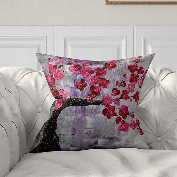 Cherry Blossom Pillow Cover, Floral Throw Pillow Case, Blooming Flowers Pillow Sham, Tree, Nature, Pink Gray Purple Cushion Cover for Couch