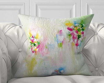 Abstract Throw Pillow Cover, Art Pillow, Pink, Green, Blue Floral Pillow Case, Unique Painting Pillow, Artistic Cushion Cover, Couch Pillow