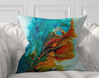 Blue Orange Abstract Art Pillow Cover, Green Turquoise Teal Throw Pillow Sham, Artsy Bohemian Lumbar Cushion Cover, Toss Pillow Case, Couch