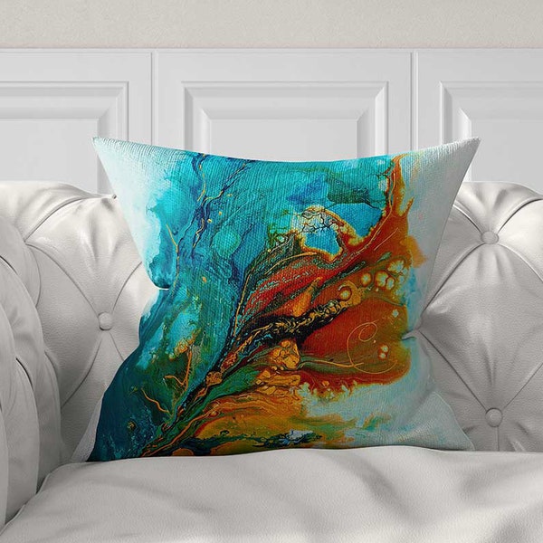 Blue Orange Abstract Art Pillow Cover, Teal, Green Throw Pillow Case, Artsy Bohemian Cushion Cover, Unique Pillow Case, Pillow for Couch