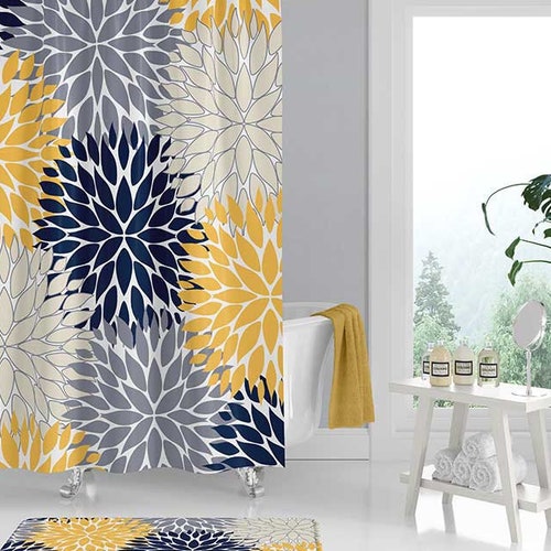 Shower Curtain in Yellow Blue Gray Floral Standard and Extra Etsy Canada