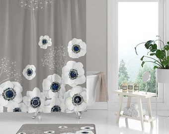Floral Shower Curtain, Anemone Flowers, Warm Gray, Greige Bath Curtain and Mat
