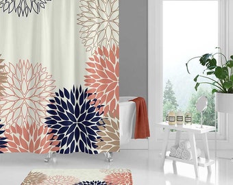 Floral Shower Curtain, Dahlia, Chrysanthemum Flower Bath Curtain, Pink, Blue, Beige, Unique Shower Curtain, Fabric, Modern Bath Mat