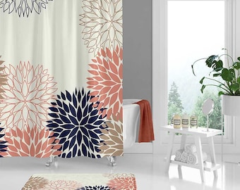 Floral Shower Curtain, Dahlia, Chrysanthemum Flower Bath Curtain, Pink, Blue, Beige, Unique Shower Curtain, Fabric, Modern Bath Mat