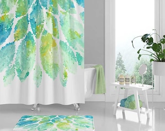 Floral Shower Curtain, Abstract Bath Curtain, Mint Green, Aqua Blue, Mosaic Artistic Unique Fabric Curtain, Dahlia Flower Bathroom Décor