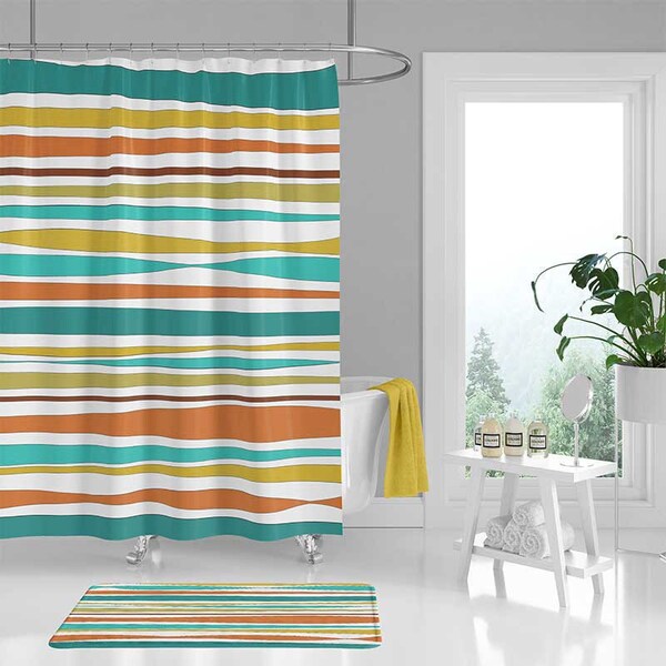 Mid Century Modern Shower Curtain, Striped Bath Curtain, Teal, Orange, Yellow, Fabric Shower Curtain, Colorful Bathroom Décor, Bath Mat