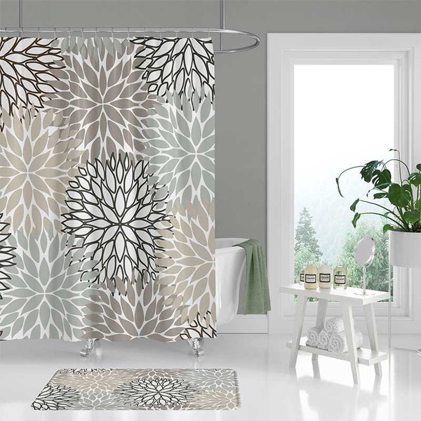 Flower Shower Curtain, Neutral Gray Beige Floral Burst Bath Curtain, Dahlia, Chrysanthemum Pattern Bathroom Decor, Plush Bath Mat, Rug