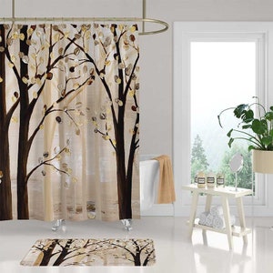 Beige Brown Trees Shower Curtain, Nature, Forest, Neutral Tone, Unique Art Bath Curtain, Rustic Cabin Bathroom Décor, Fabric Shower Curtain