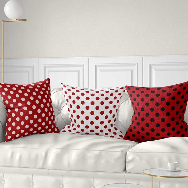 Polka Dot Pillow Cover, Red, White, Black Throw Pillow Case, Accent Pillows, Dots Cushion Cover, Lumbar Pillow, 14x14 to 26x26