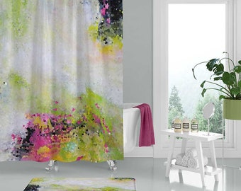Abstract Art Shower Curtain, Green Black Pink Yellow Painting Bath Curtain, Modern Artistic Bathroom Decor, Unique Fabric Pattern, Bath Mat
