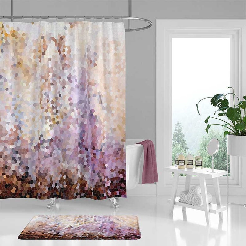 Abstract Shower Curtain And Bath Mat Set Bathroom Decor Purple Pink Brown Yellow Curtains Mosaic