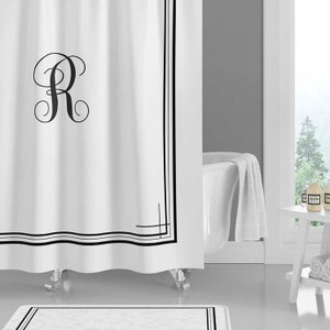 Personalized Monogram Shower Curtain, Black White Minimalist, Customizable, Striped Border Bath Curtain, Custom Name, Initials