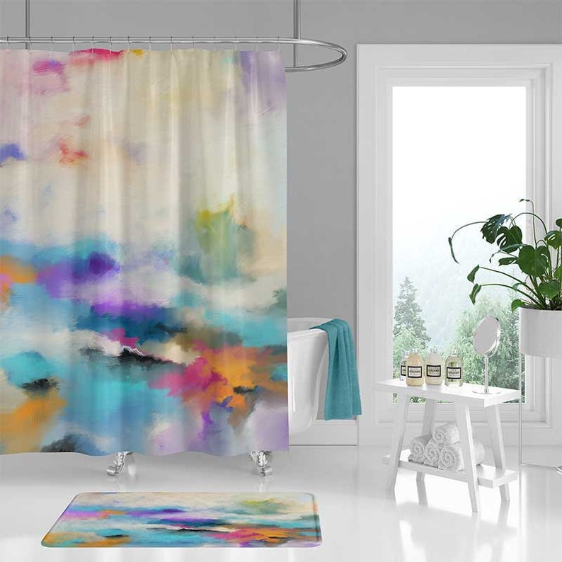 Abstract Art Shower Curtain And Bath Mat Coastal Shower Etsy