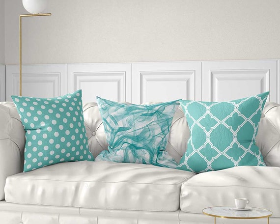 Aqua Blue Pillow Covers Teal White Throw Pillow Case Polka Dot