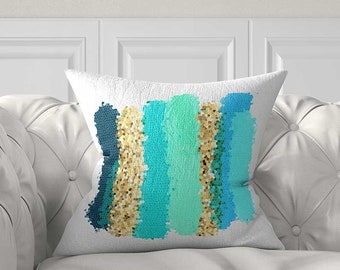 Teal Blue Pillow Cover, Color Block Throw Pillow Case, Colorful Artistic Cushion Cover, Boho Chic, Wide Stripes Couch Pillow