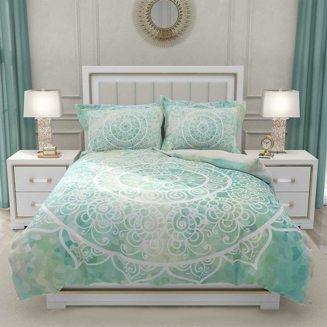 Mandala Duvet Cover, Aqua Blue Mint Green Bohemian Bedding Set, Boho