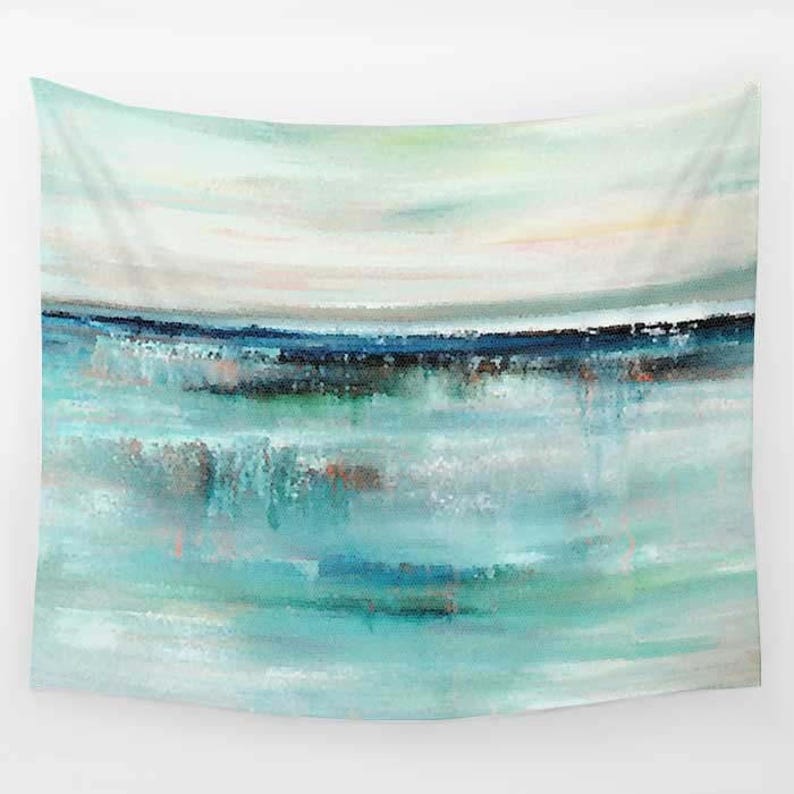 May include: Abstract wall tapestry featuring a blue, green, and white watercolor-style design reminiscent of a seascape. The design features horizontal brushstrokes and a subtle gradient effect.