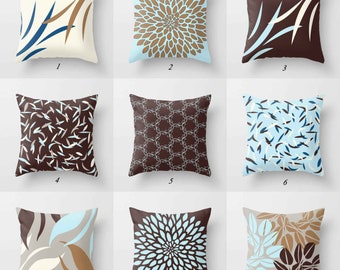 Blue Brown Gray Pillow Cover, Geometric Throw Pillow, Floral Cushion Covers, Unique Pillow Case, Mix Match Pillow for Couch