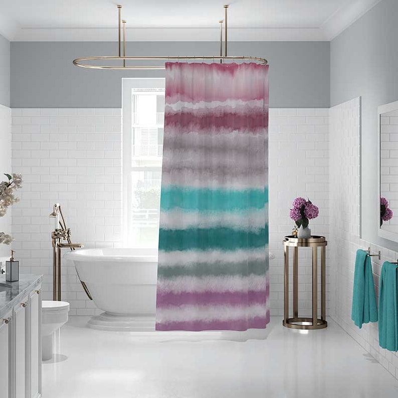 Watercolor Shower Curtain Bath Mat Set Purple Mauve Teal Etsy