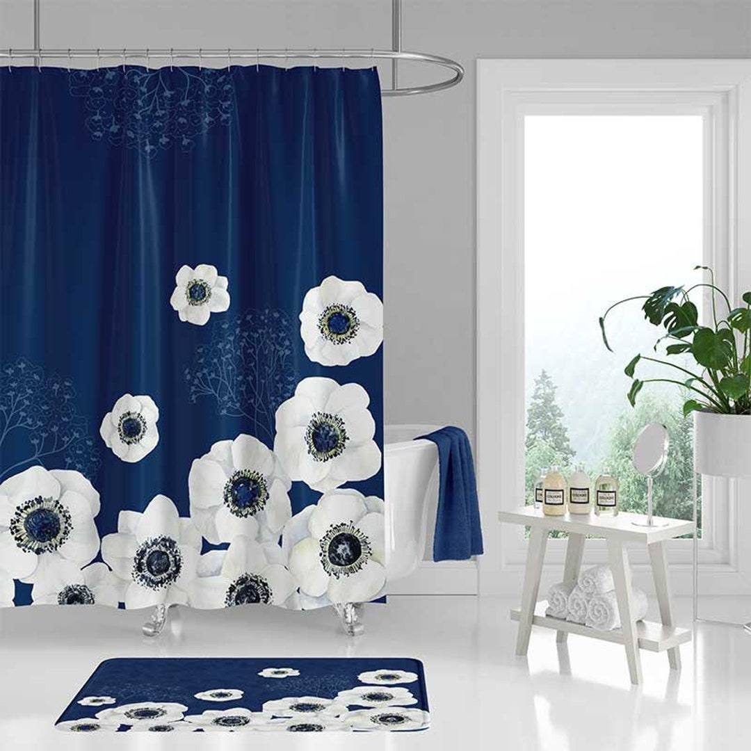 Floral Shower Curtain, Large Watercolor Flowers, Dark Blue, White
