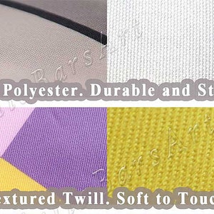 May include: Close-up of fabric swatches showing different textures. The top two swatches are a smooth, white spun polyester fabric and a textured, gray spun polyester fabric. The bottom two swatches are a textured, multi-colored twill fabric and a textured, yellow twill fabric. The text "Spun Polyester. Durable and Sturdy." is printed below the top two swatches. The text "Textured Twill. Soft to Touch." is printed below the bottom two swatches.