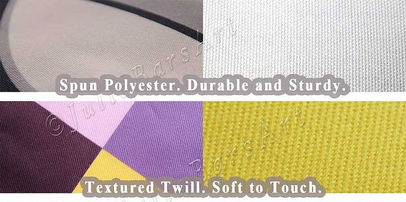 May include: Close-up of fabric swatches showing different textures. The top two swatches are a smooth, white spun polyester fabric and a textured, gray spun polyester fabric. The bottom two swatches are a textured, multi-colored twill fabric and a textured, yellow twill fabric. The text "Spun Polyester. Durable and Sturdy." is printed below the top two swatches. The text "Textured Twill. Soft to Touch." is printed below the bottom two swatches.