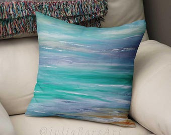 Blue Teal Pillow Cover, Coastal Art Pillow, Ocean Beach Cushion Cover, Seascape Throw Pillow Case, Nautical Accent Pillows for couch