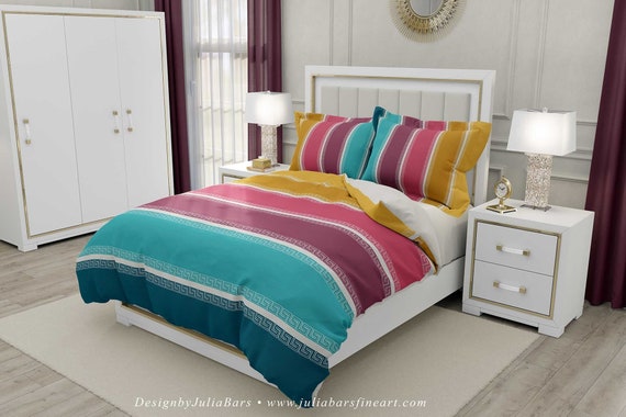 Striped Duvet Cover Teal Mauve Pink Yellow Colorful Etsy