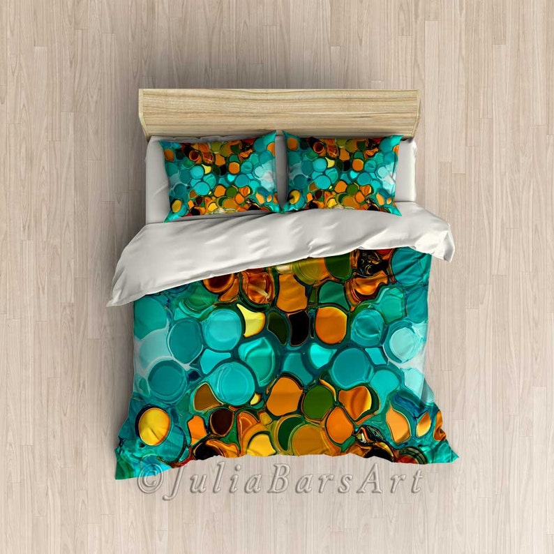 Teal And Orange Duvet Cover Abstract Bedding Set Queen King Etsy