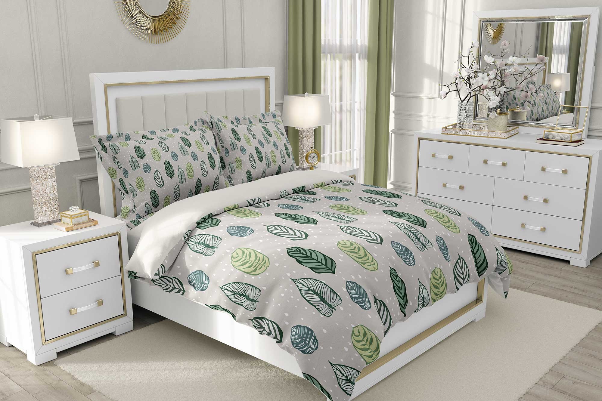 Light Gray Duvet Cover Tropical Leaves Bedding Botanical Etsy