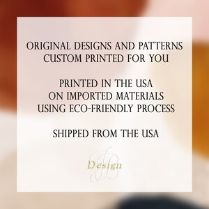 May include: Text graphic with the words "Original Designs and Patterns Custom Printed for You" and "Printed in the USA on Imported Materials Using Eco-Friendly Process" and "Shipped from the USA". The text is in black and the background is a gradient of orange, pink, and blue.