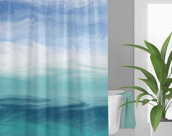 Ocean Shower Curtain, Green Blue Teal Coastal Bath Curtain and mat