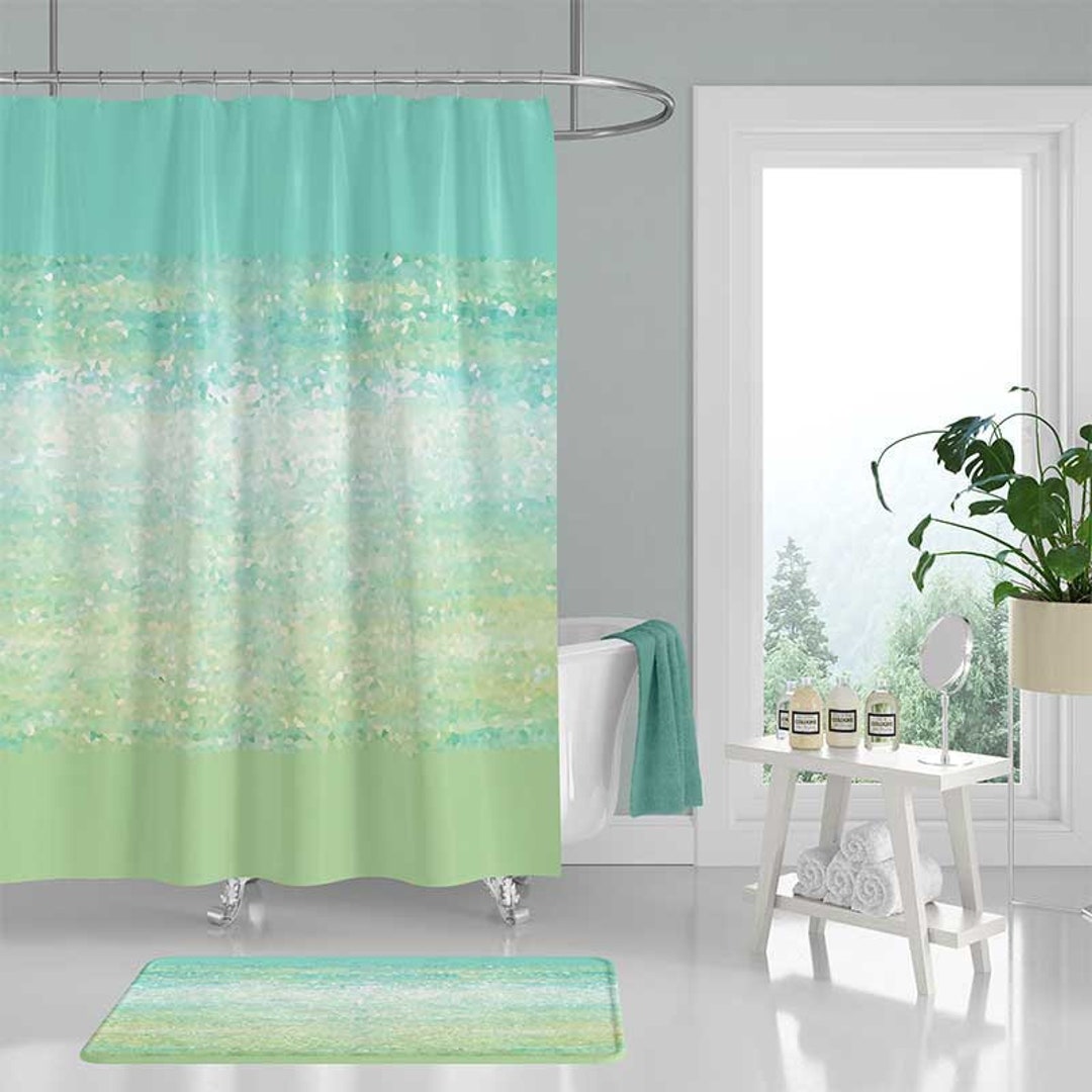 Abstract Coastal Shower Curtain Aqua Blue Green Ocean Wave Bath Curtain Beach Bathroom D cor Art Shower Curtain Bath Mat Bathroom Rug Etsy