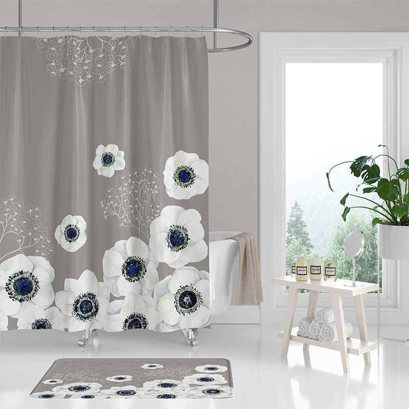 Beige Gray Shower Curtain Set Bath Mat Grey Blue White 50