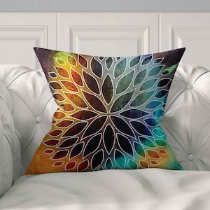Blue Orange Pillow Cover, Floral Abstract Art Bohemian Throw Pillow, Yellow Purple Teal, Unique Artistic Cushion Cover, Sofa, Couch Pillow
